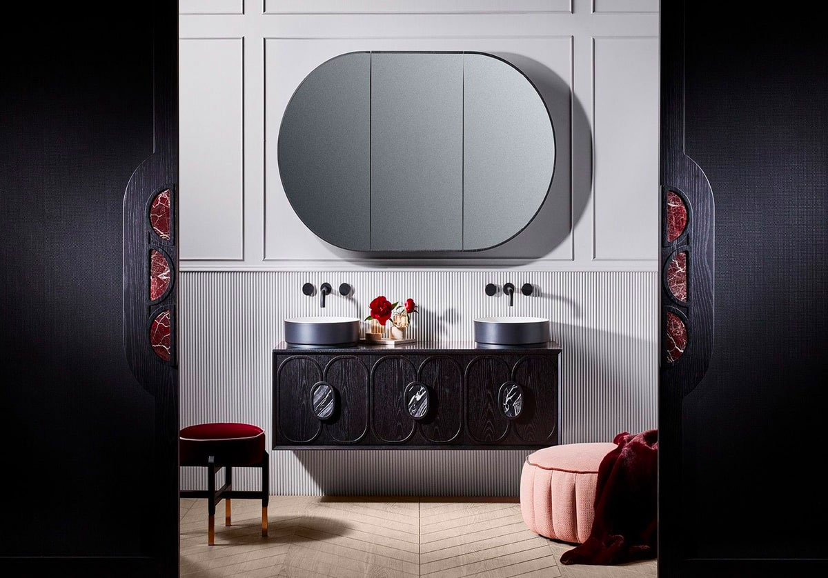 Blossom vanity with black doors in bathroom