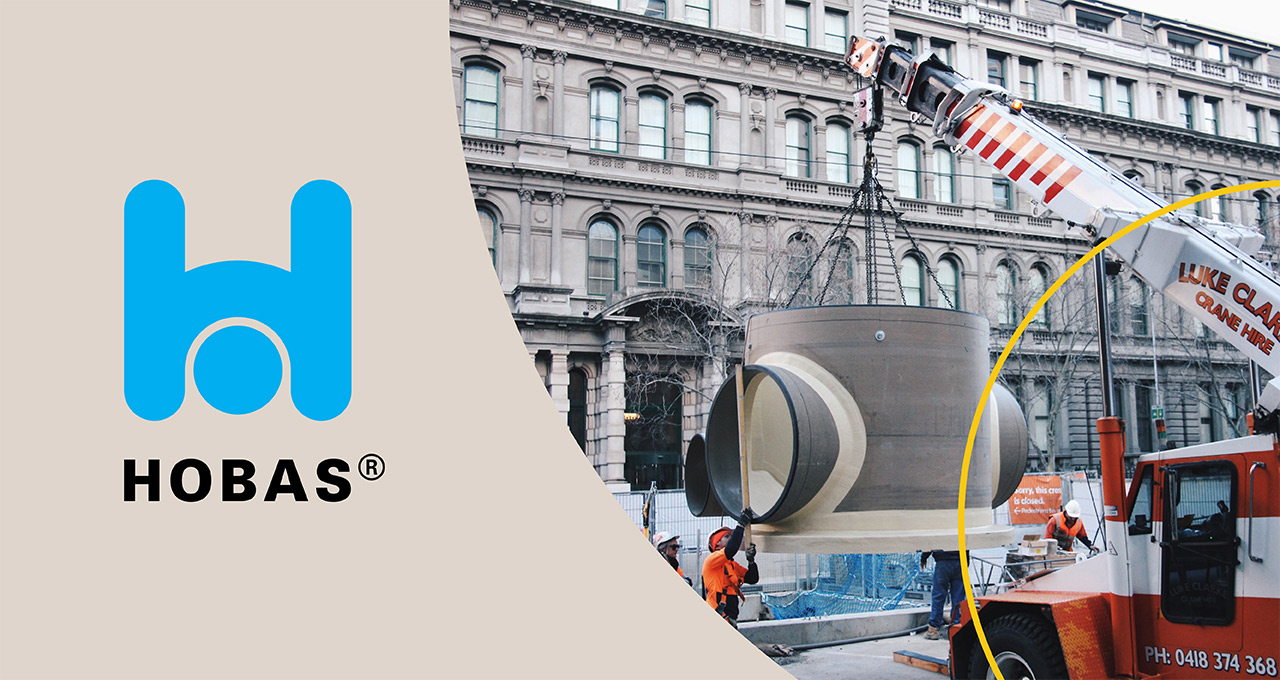 A collage of the Hobas logo and an image of pipes in a field with decorative flourishes