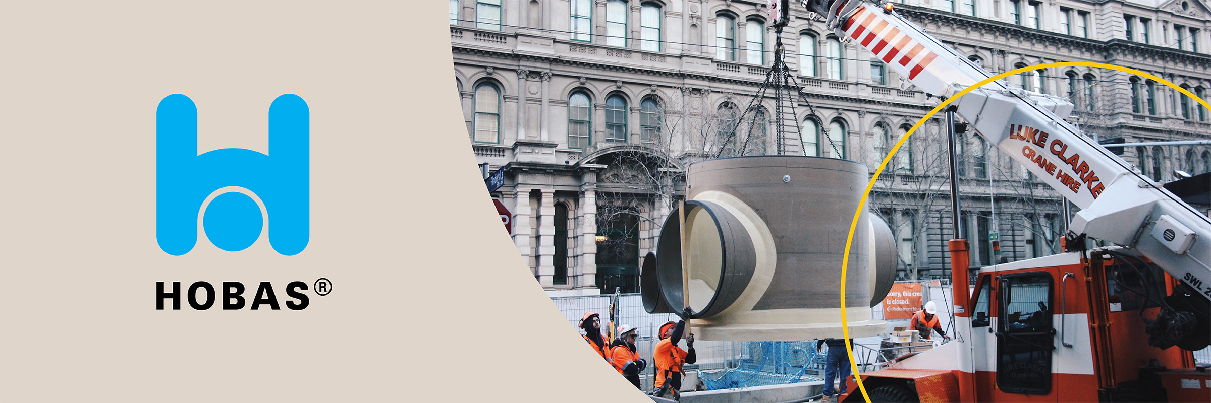 A collage of the Hobas logo and an image of pipes in a field with decorative flourishes